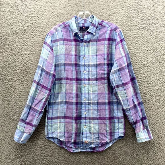 Vineyard Vines Shirt Men's XS Blue Plaid Classic Murray Linen Button Down Preppy - Picture 2 of 10